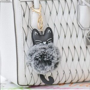 🐈‍⬛Black Cat Faux Leather Pom Pom Gold Keychain ⚡FINAL SALE